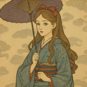 和装で番傘を持つ女性のイラスト