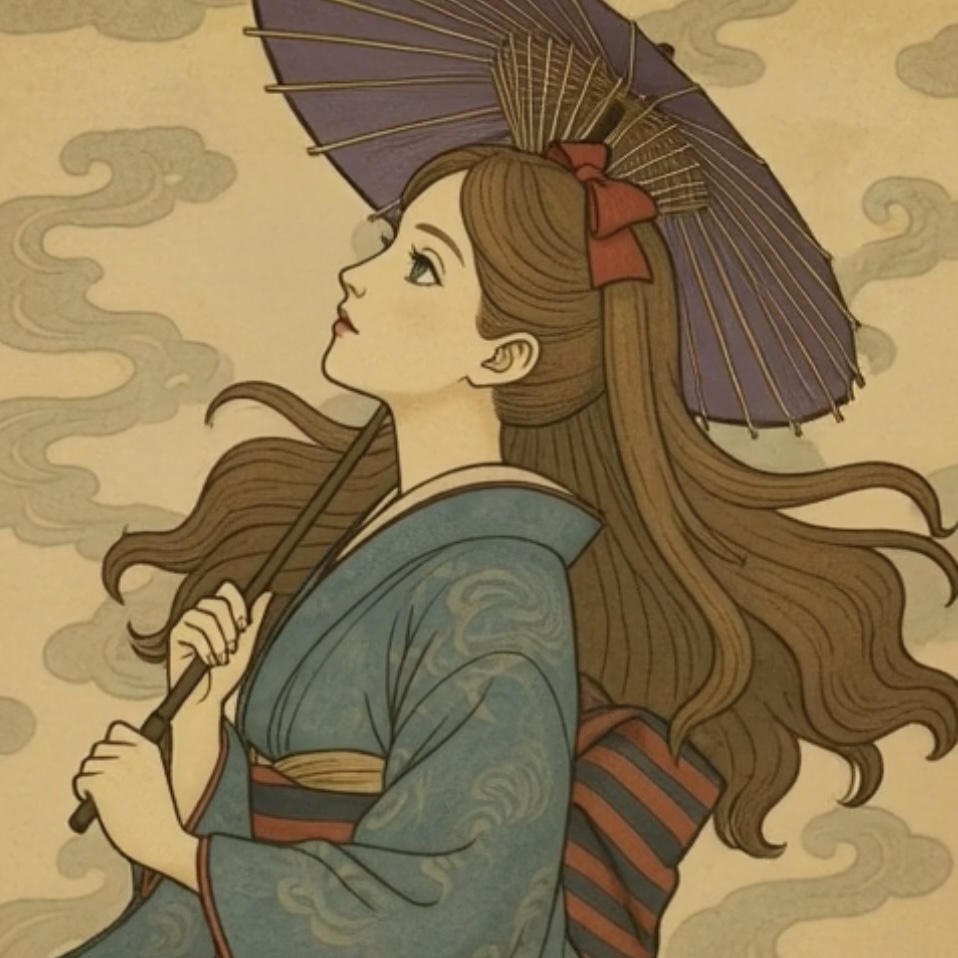 和装で番傘を持つ女性の横顔イラスト