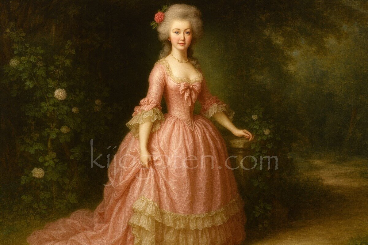 若いマリー・アントワネットがピンクの豪華なドレスで立つ全身肖像画