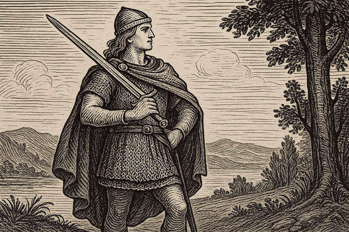 剣を持つ中世風の戦士を描いた版画風イラスト